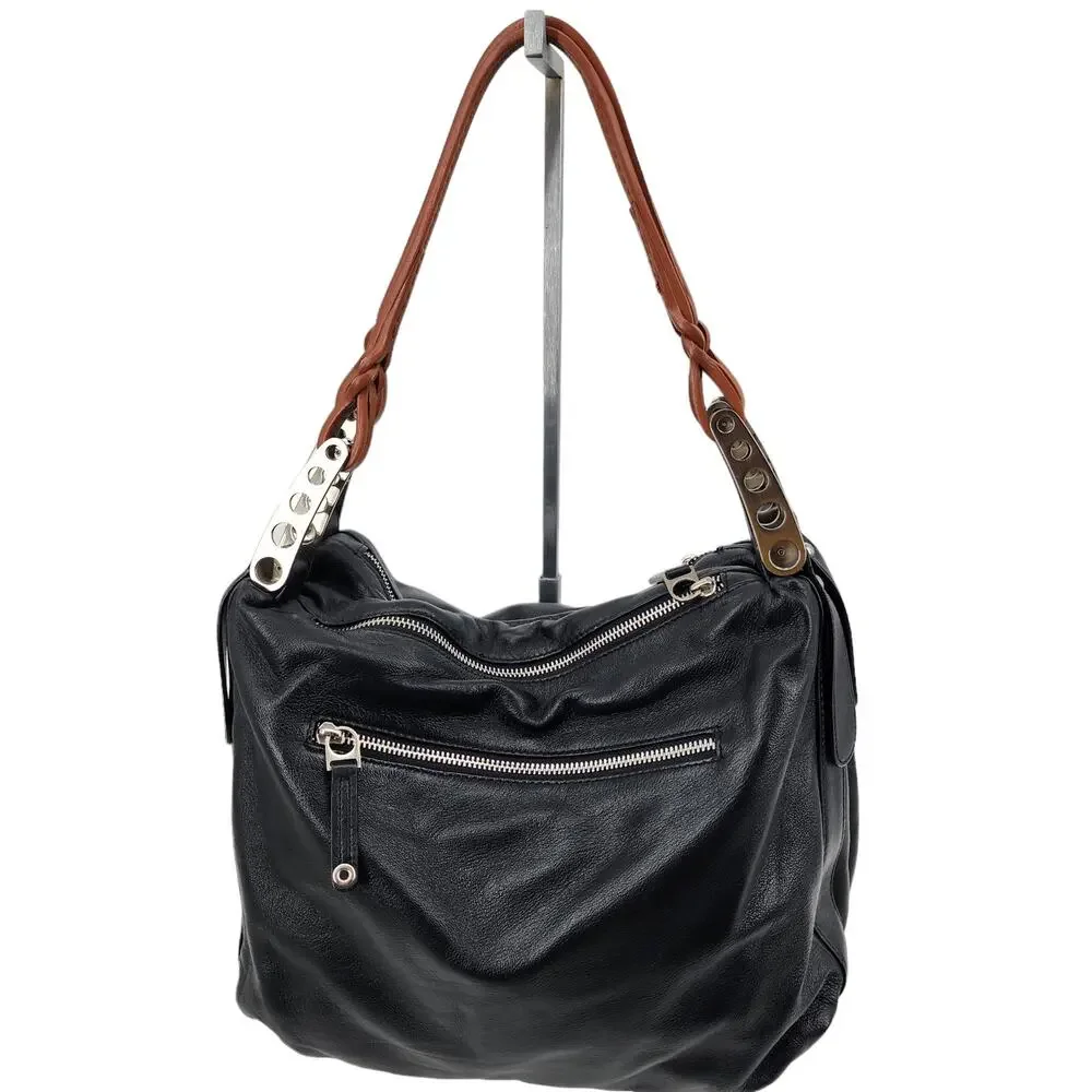 Sondra Roberts Large Black and Brown Zipper Shoulder Handbag Purse
